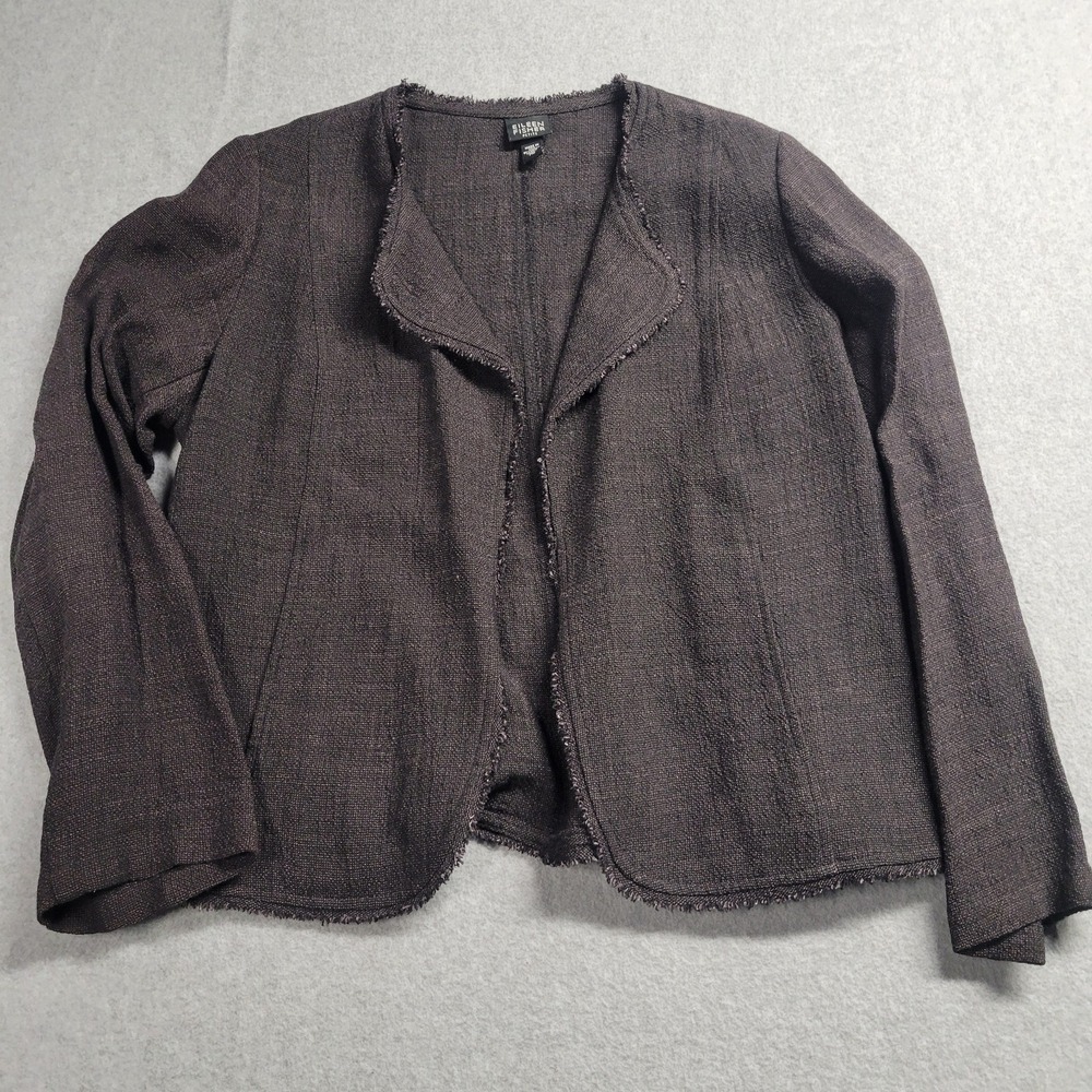 Eileen Fisher Jacket‎ Blazer Womens PMedium Black Heather Linen Blend Raw Edges